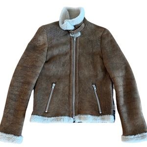 Tan Shearling Mixed Media Moto Jacket Size 38 IT